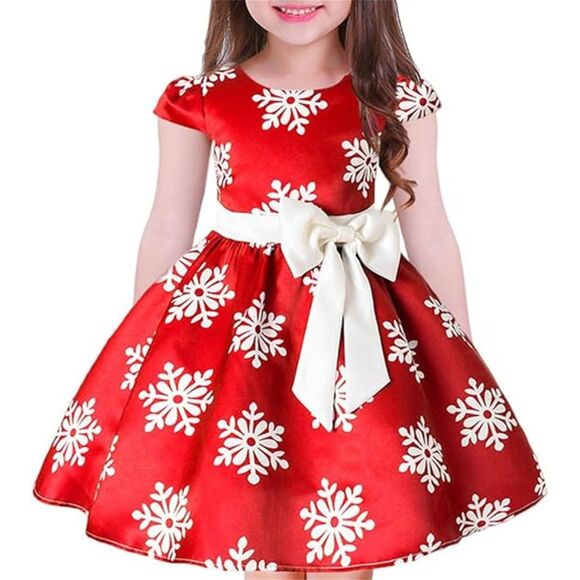 Toddler Baby Girls Christmas Snowflake Print Party Dresses with Bowknot Belt - Picture 1 of 6